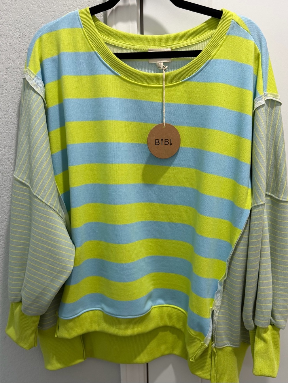 BiBi Neon Yellow Sky Blue Striped Pullover Oversized Comfy Top Tunic L, XL